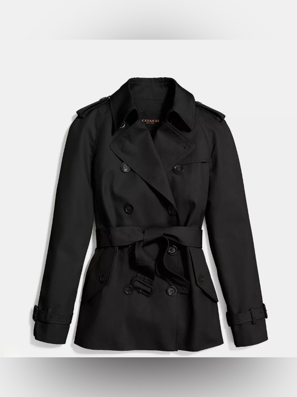 Coach short double-breasted trench coat in black